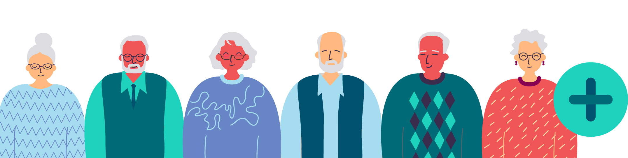 Illustrated Medicare beneficiaries in colorful sweaters