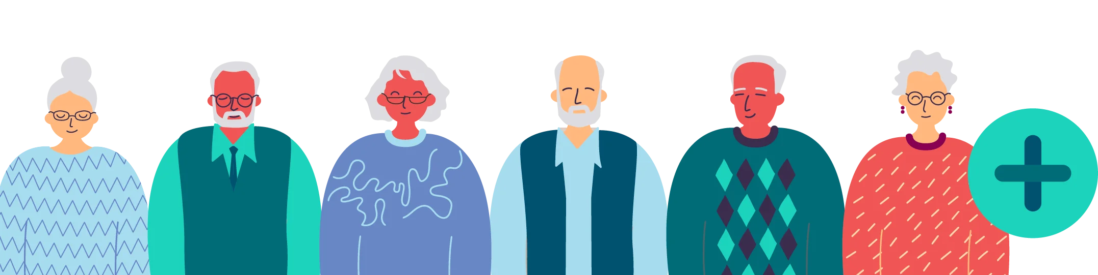 Illustrated Medicare beneficiaries in colorful sweaters