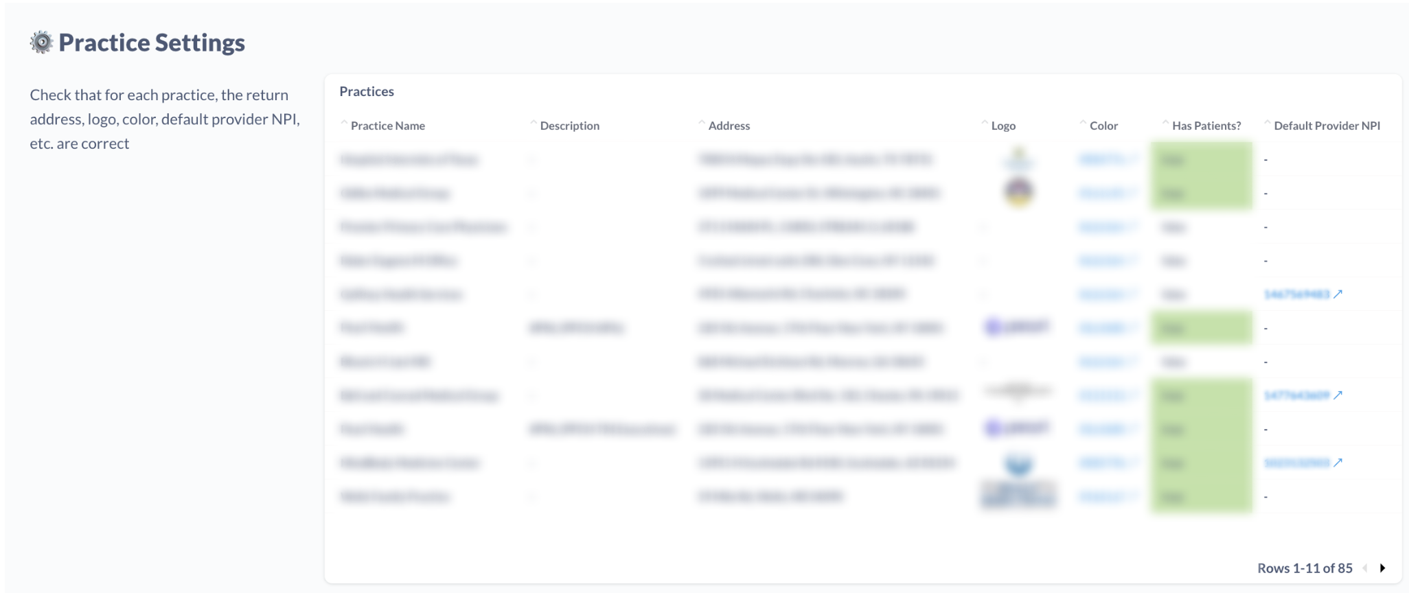 Practice Settings table on the Mabel Dashboard, showing the Default Provider NPI column
