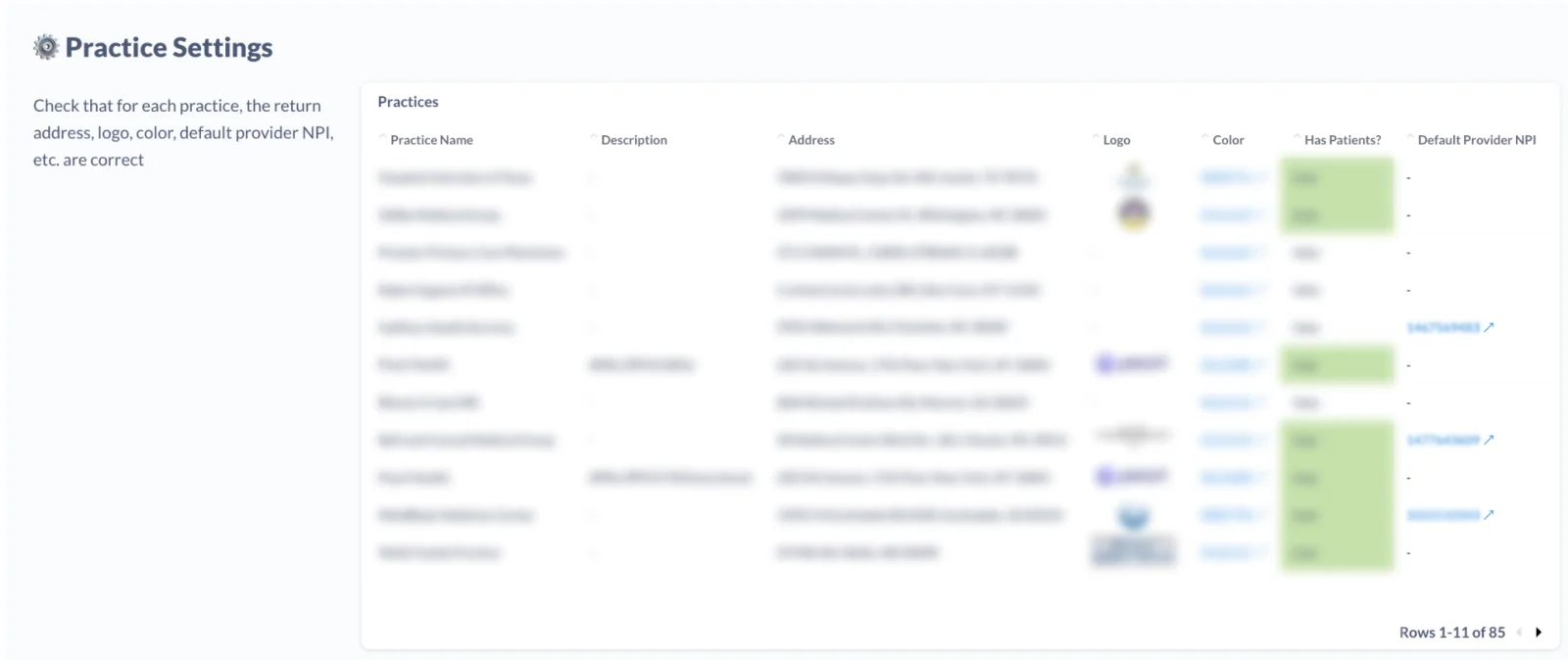 Practice Settings table on the Mabel Dashboard, showing the Default Provider NPI column