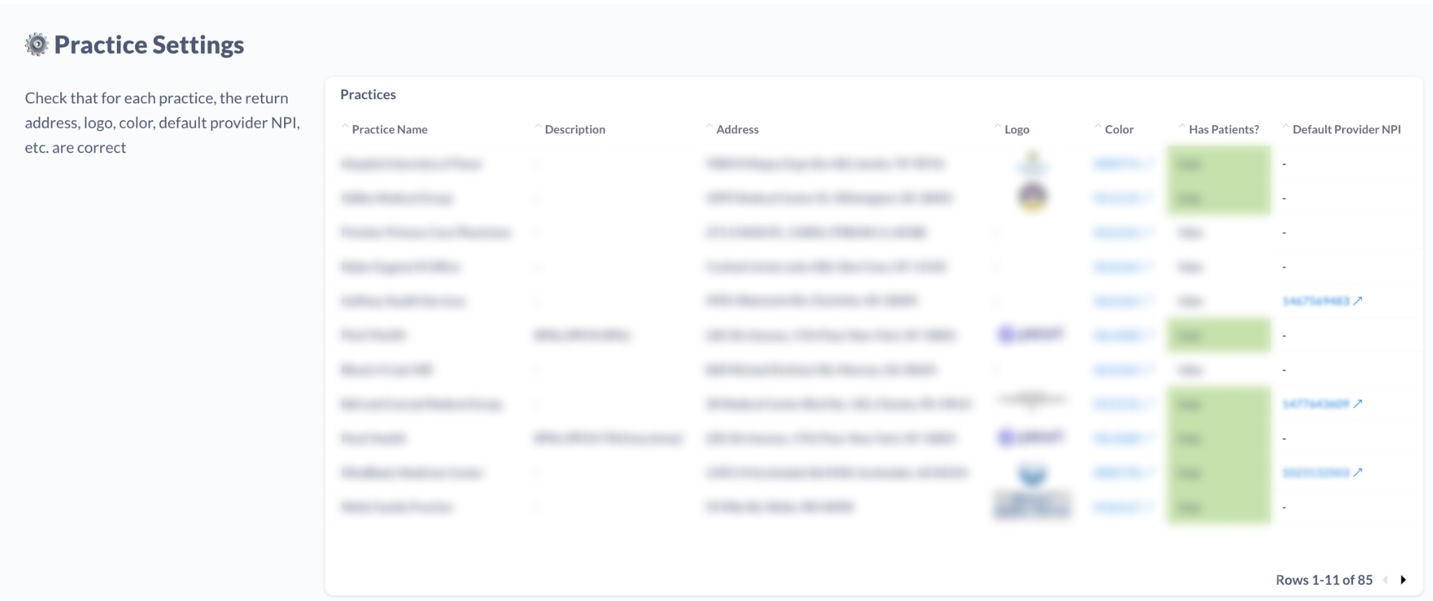 Practice Settings table on the Mabel Dashboard