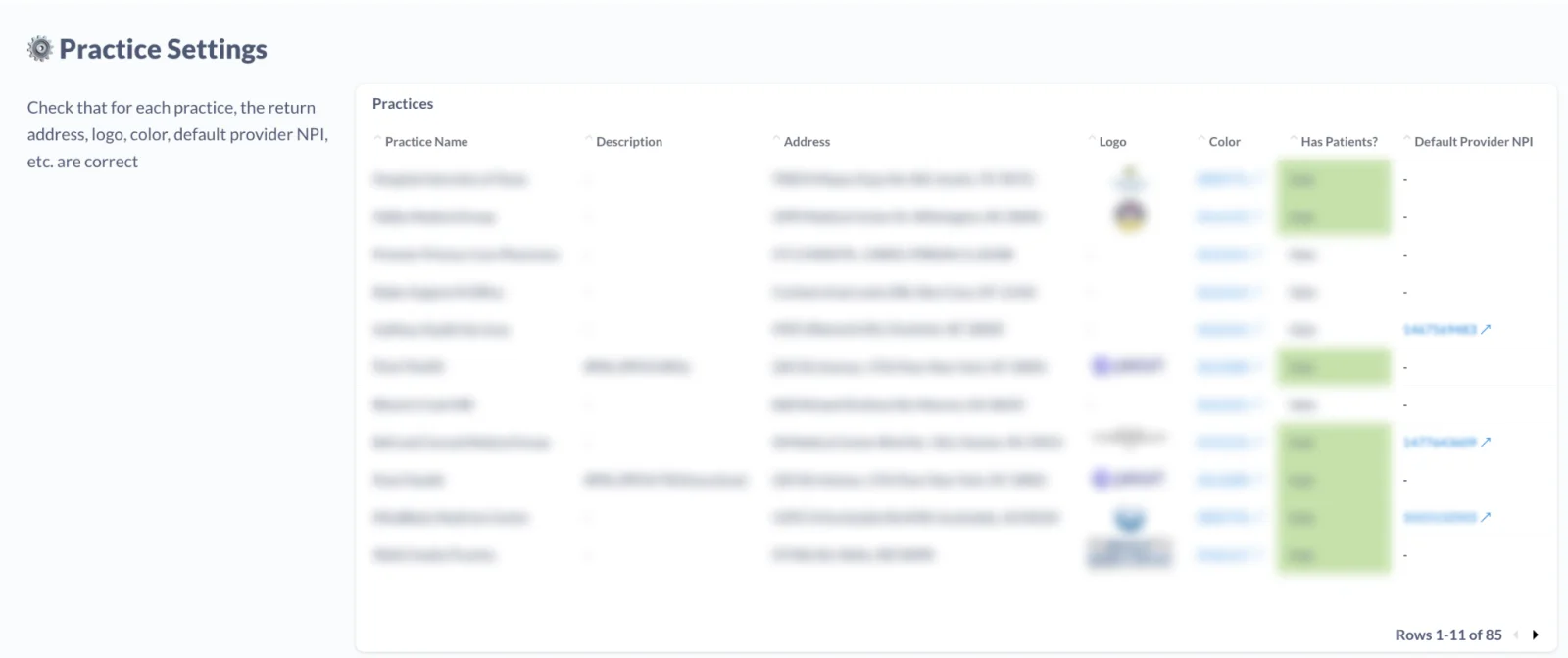 Practice Settings table on the Mabel Dashboard