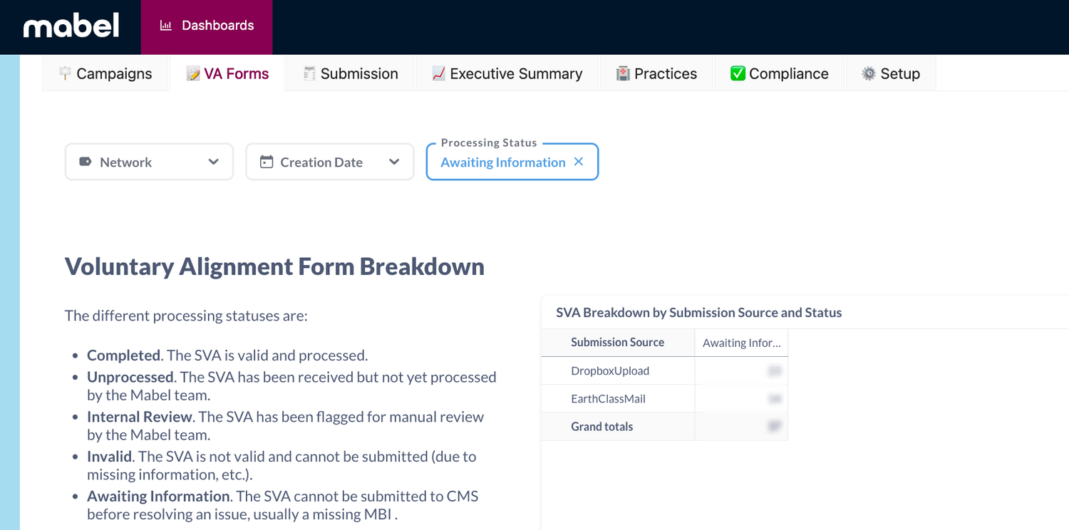 VA Forms dashboard filtered to Processing Status = Awaiting Information, showing the Voluntary Alignment Form Details table with the Download Full Results option