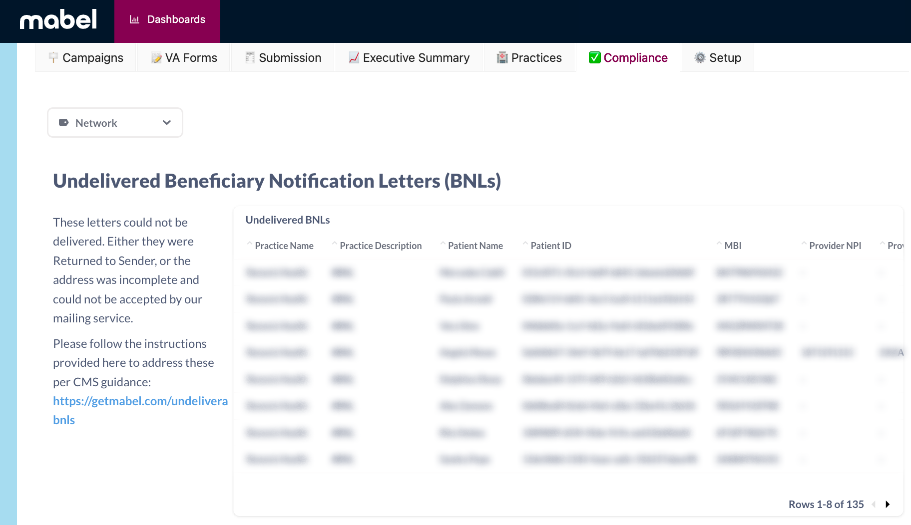 Compliance dashboard showing the Undelivered Beneficiary Notification Letters section with the Download Full Results option